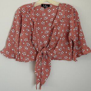 LULU'S Women's SZ SM Cropped Blouse Ruffles & Ties Open Loose fitting Rust Color